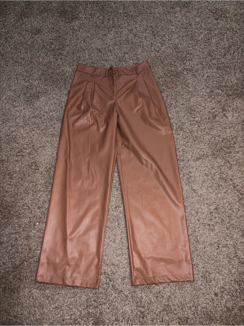 Wide Leg Faux Leather Trousers - Brown